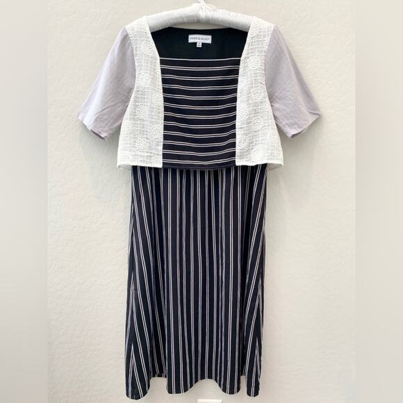 PIPER & SCOOT | Black White Striped Mixed Print Crochet Lace Midi Dress | Small - Picture 1 of 7